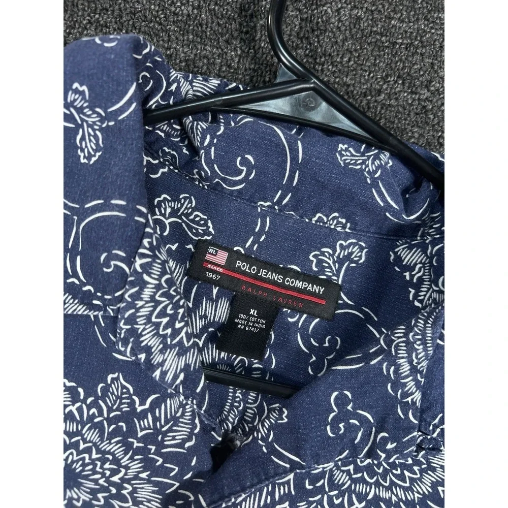 Vintage Polo Ralph Lauren Loop Collar Hawaiian Camp Shirt Men XL Blue Floral AOP